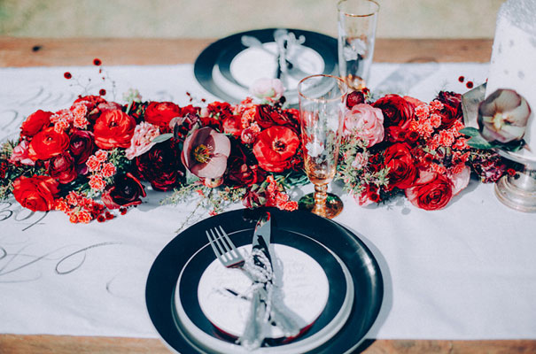 cool-black-wedding-dress-red-flowers-white-horse-floral-crown4